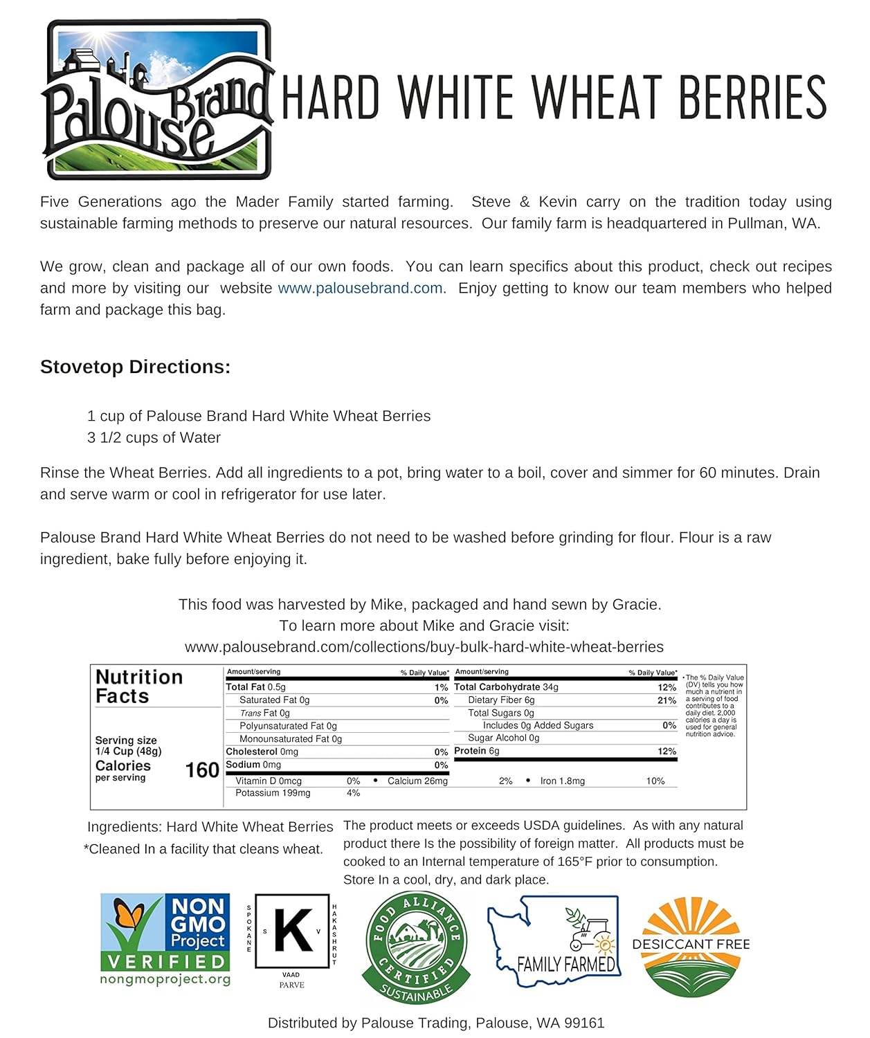 Hard White Wheat Berries | 3-4 LB Kraft Bags (12 LBS total) | Desiccant Free | Sproutable | Non-GMO Project Verified | Kosher