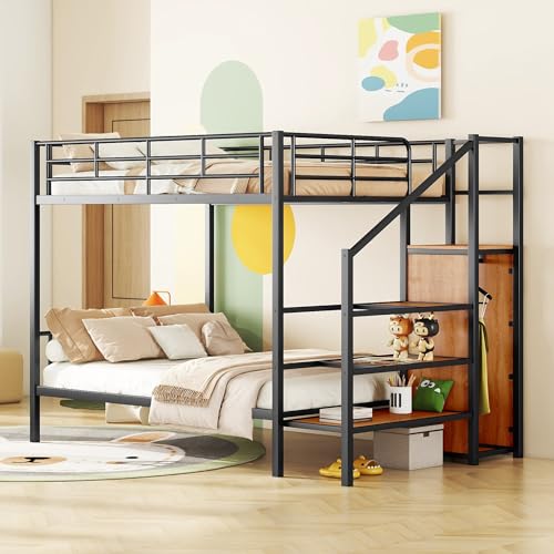 Twin Over Twin House Bunk Bed with Storage Stairs and Convertible Slide, Wood Floor Stairway Bunk Bed Frame for Kids Teens, No Box Spring Needed