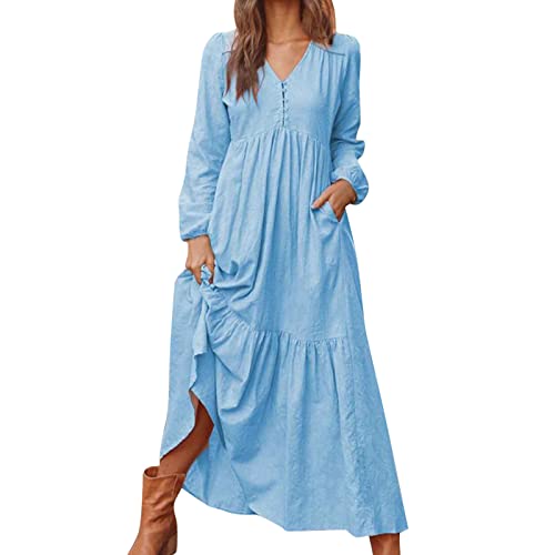 Summer Dresses for Women 2024 Long Sleeve Casual Loose Swing V Neck Ruffle Maxi Dress Vacation Flowy Womens Sundress