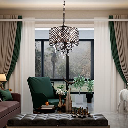 Edvivi Marya Drum Crystal Chandelier, 4 Lights Glam Lighting Fixture with Oil Rubbed Bronze Finish, Adjustable Ceiling Light with Round Crystal Drum Shade, Dining Room Light for Living Room, Bedroom