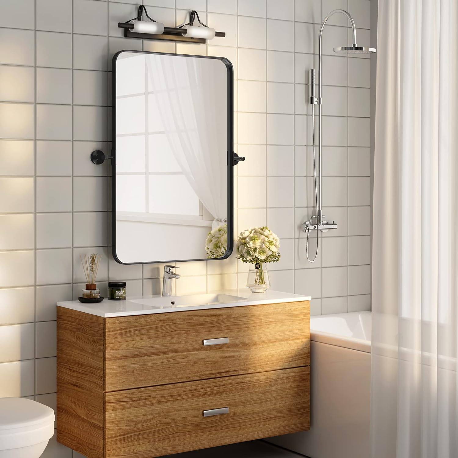 Rectangle Pivot Bathroom Mirror - 24×36 Inch Metal Frame Wall Mirror Black Wall Mounted Mirror for Bedroom Living Room