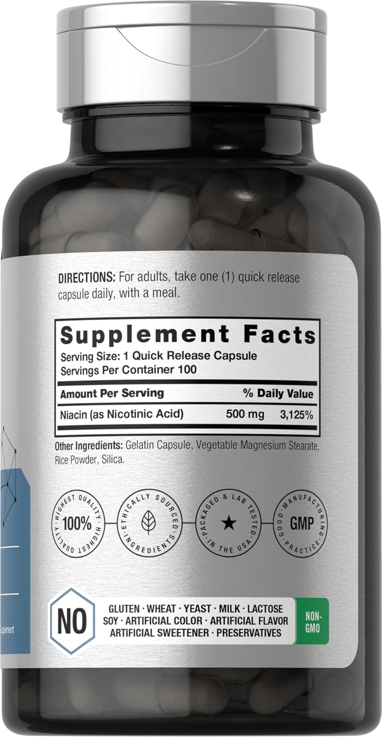 Horbäach Niacin | Vitamin B3 500mg | 100 Capsules | with Flushing | Non-GMO, and Gluten Free Supplement