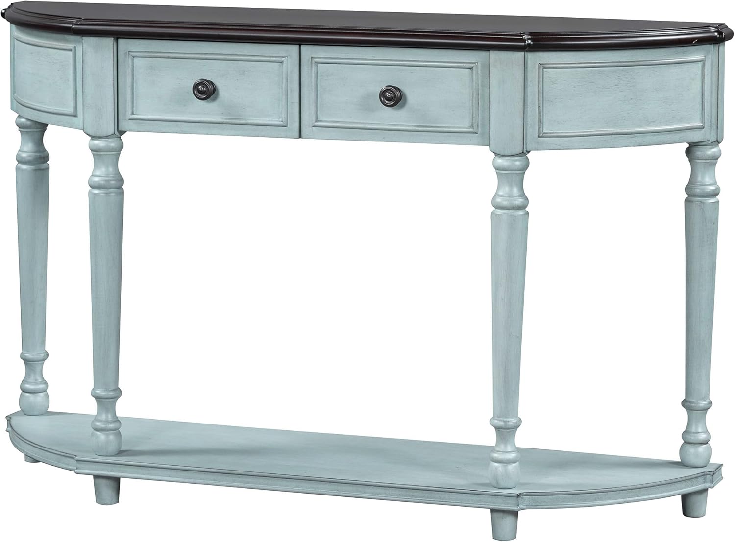 Retro Circular Curved Design Console Table with Open Style Shelf Solid Wooden Frame and Legs Two Top Drawers (Cherry + Antique Blue, OLD SKU: WF298768AAC)