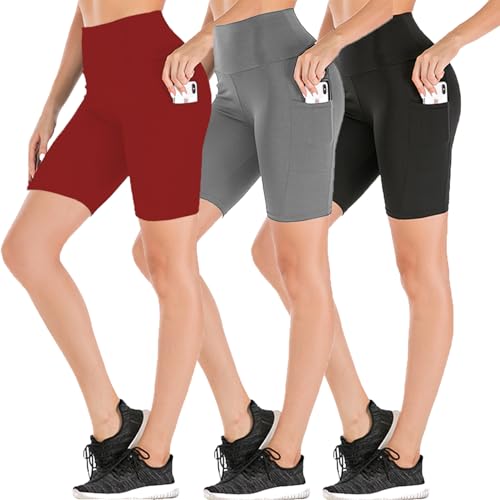 8'' High Waist Biker Shorts for Women-Workout Yoga Shorts Running Summer Soft Pants with Pockets
