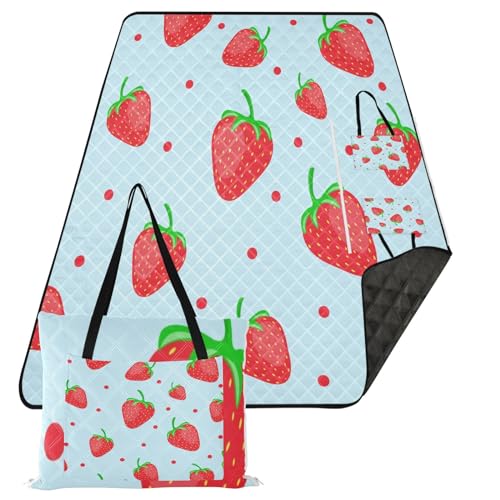 Strawberry Extra Large Picnic Outdoor Blanket, Foldable Beach Blanket Waterproof Sandproof Camping Mat for Family Travel Park Wet Grass Hiking Yoga, 60 x 80 Inch