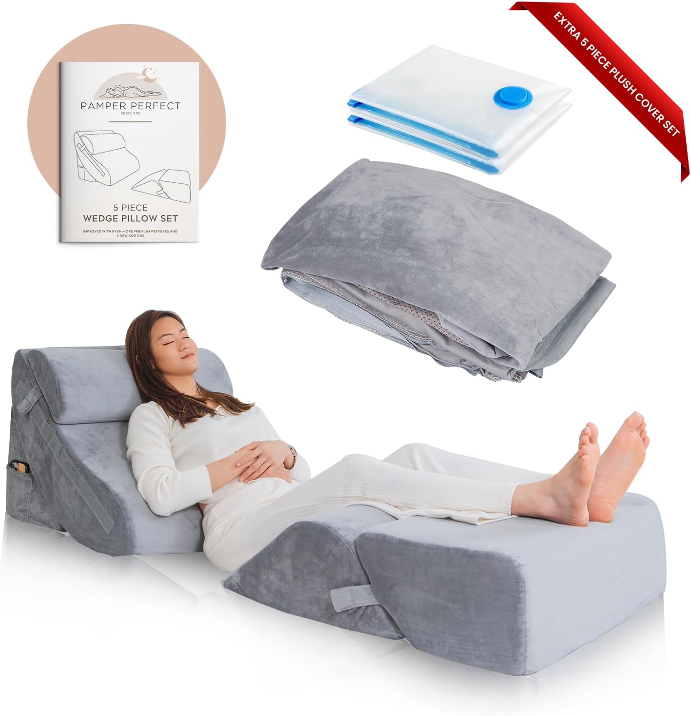 5pcs Orthopedic Bed Wedge Pillow Set – Adjustable Memory Foam for Post Surgery, Back Support, Knee Pillow. Ideal for Sitting Up, Acid Reflux, GERD, Anti-Snore, and Hysterectomy Recovery