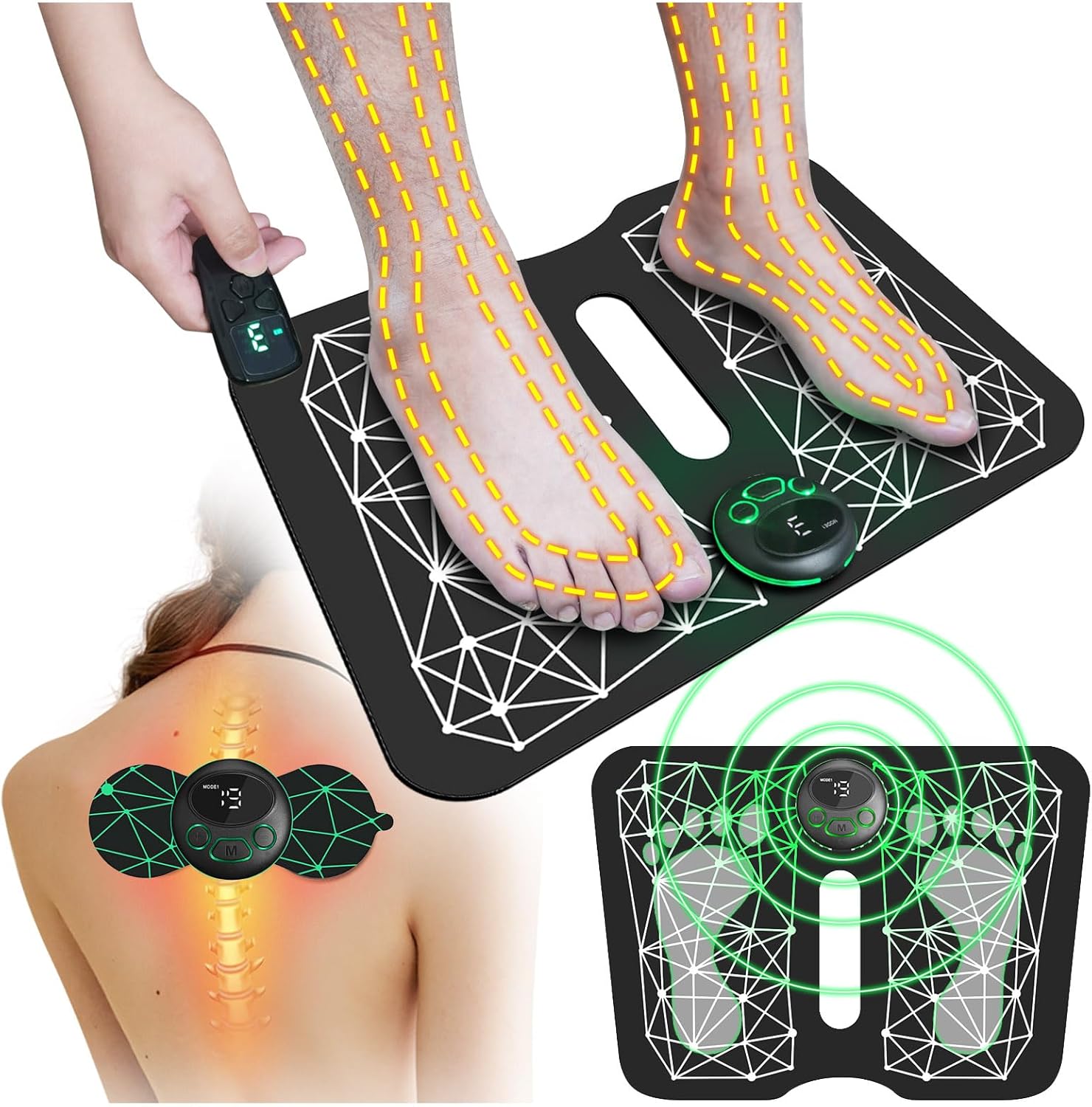 2-in-1 EMS Foot Massager Mat Back Massager for Neuropathy Pain Relief FSA HSA Eligible Electric Legs Feet Stimulator Massager Machine Acupressure Pad with Remote Control