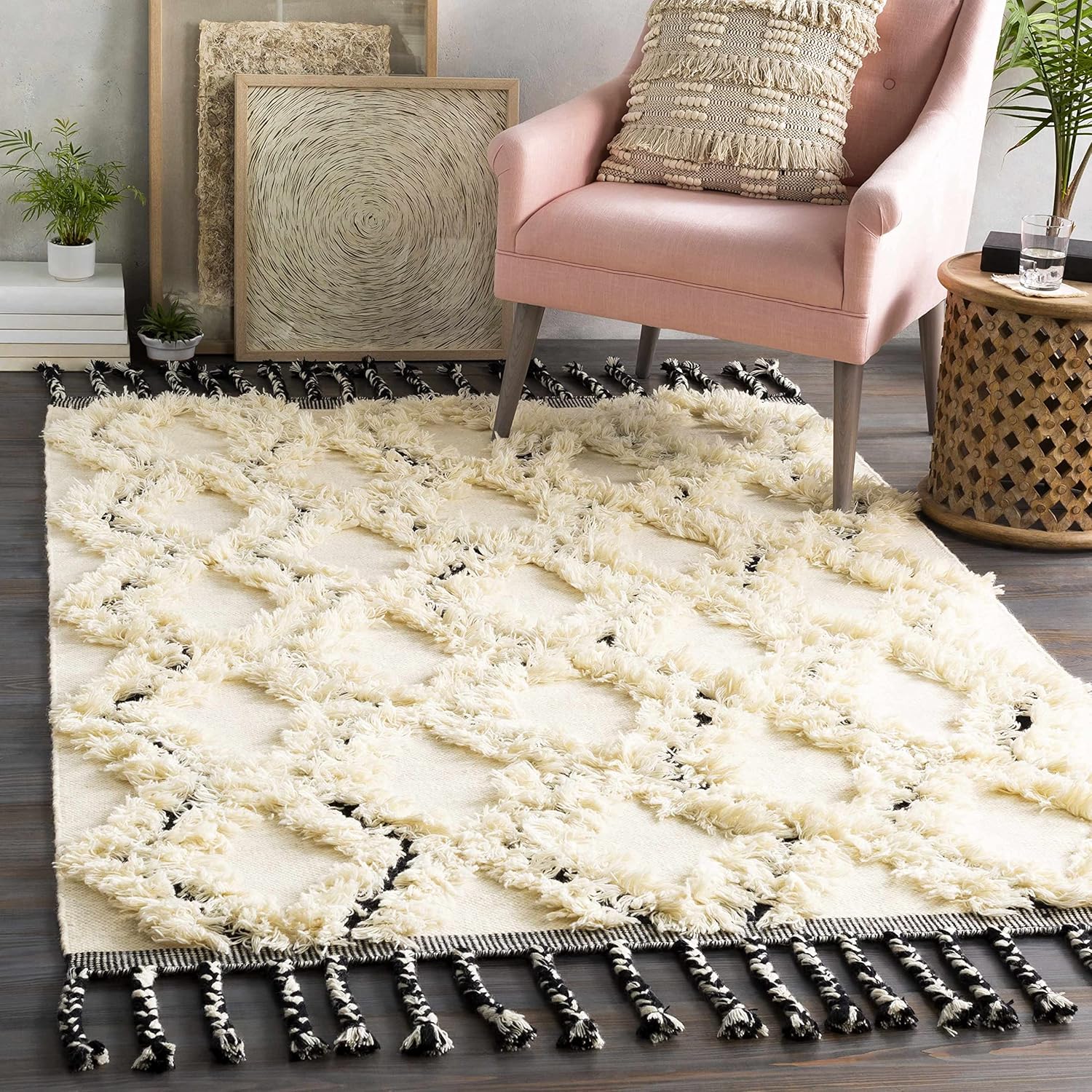 Hauteloom Sangerville Wool Living Room, Bedroom Area Rug - Bohemian/Global - Plush Pile - Beige, Black - 5' x 7'6