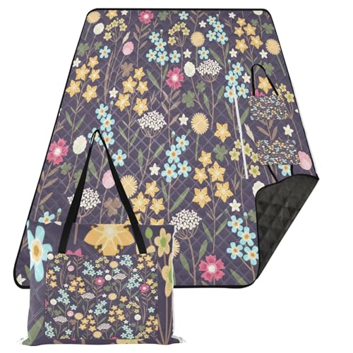 Colorful Flowers Extra Large Picnic Outdoor Blanket, Foldable Beach Blanket Waterproof Sandproof Camping Mat for Family Travel Park Wet Grass Hiking Yoga, 60 x 80 Inch