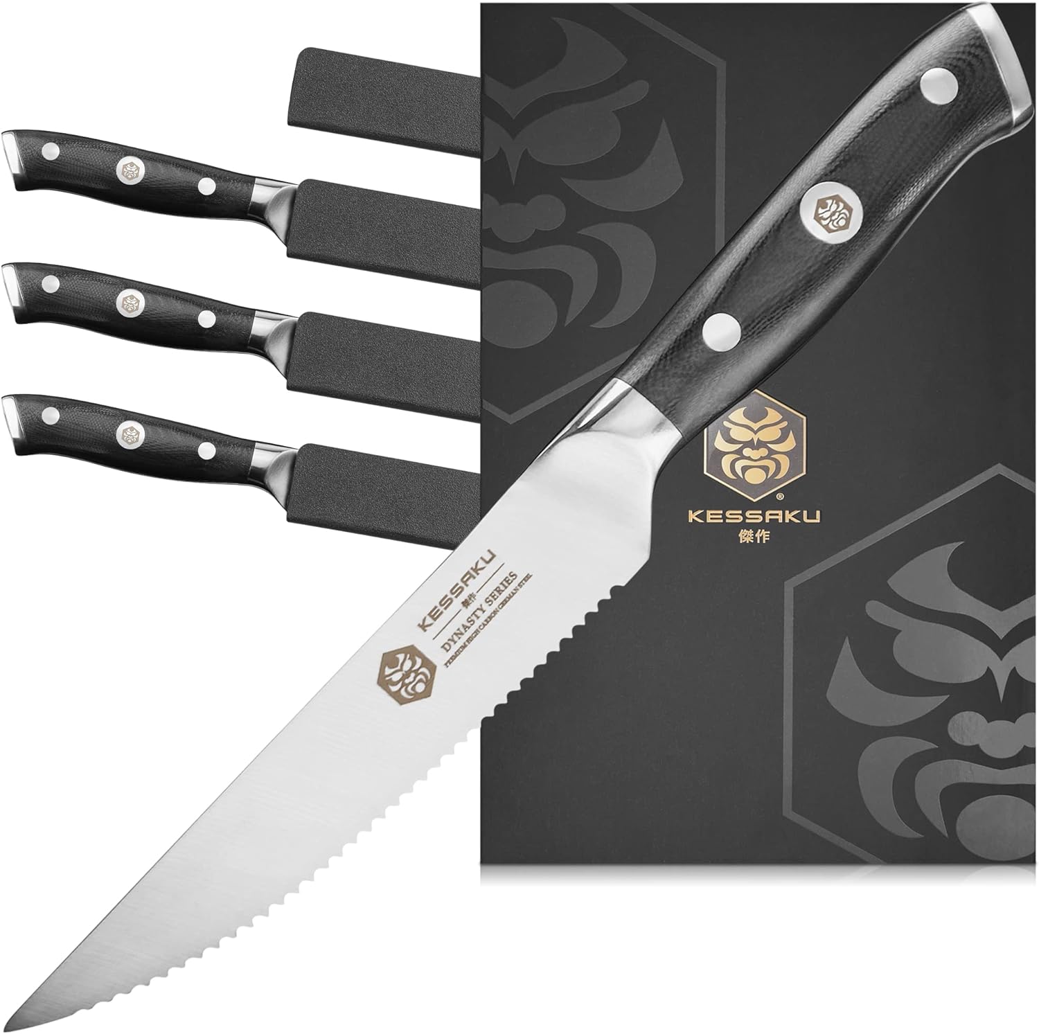 5-Inch Steak Knife 4 Pack Set - Dynasty Series - Forged ThyssenKrupp German HC Steel - G10 Handle with Blade Guards