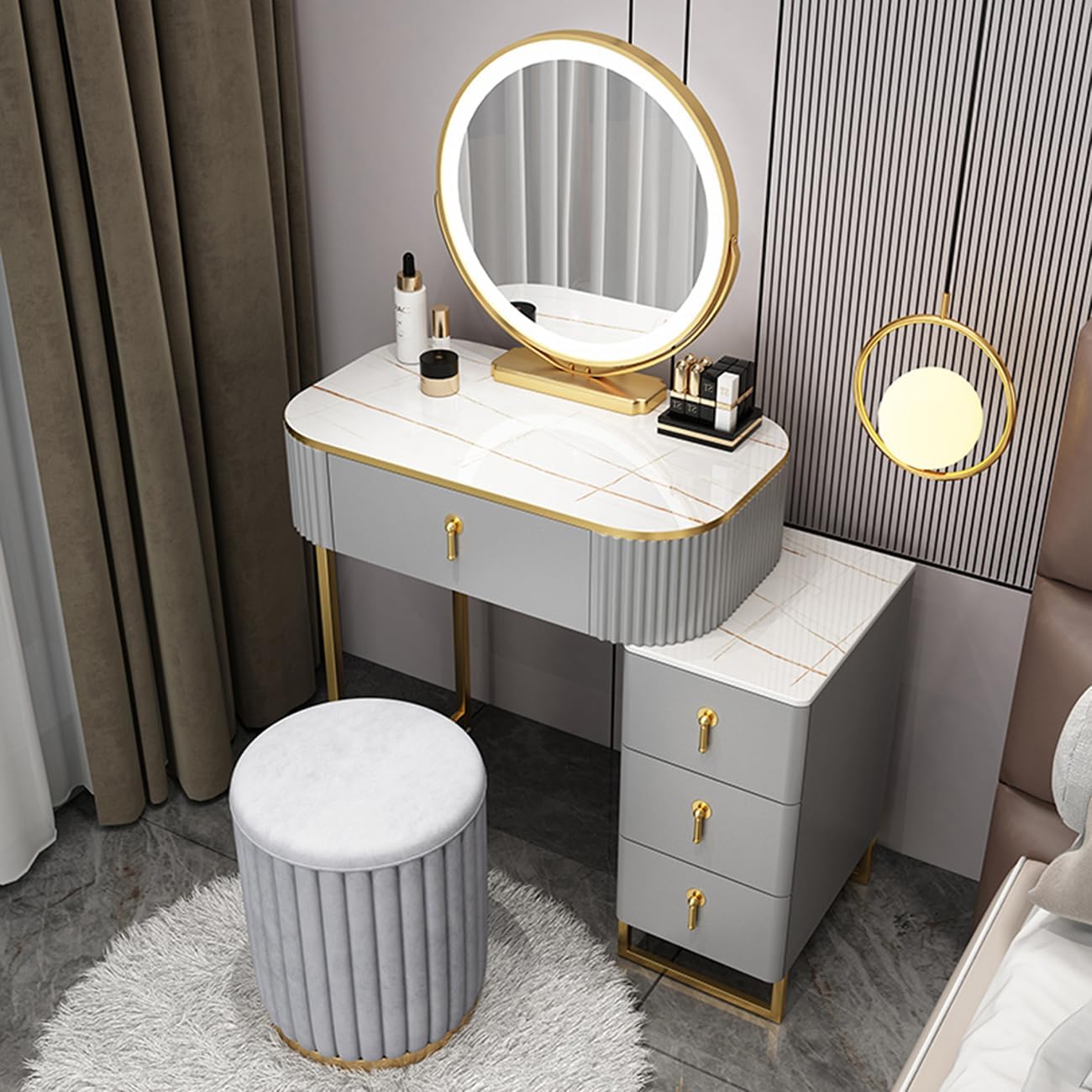 Small Vanity Desk Set with LED Smart Makeup Mirror, 3 Lighting Modes Adjustable Brightness, New Makeup Experience Dressing Table with Chair, Bedroom Vanity Table for Her