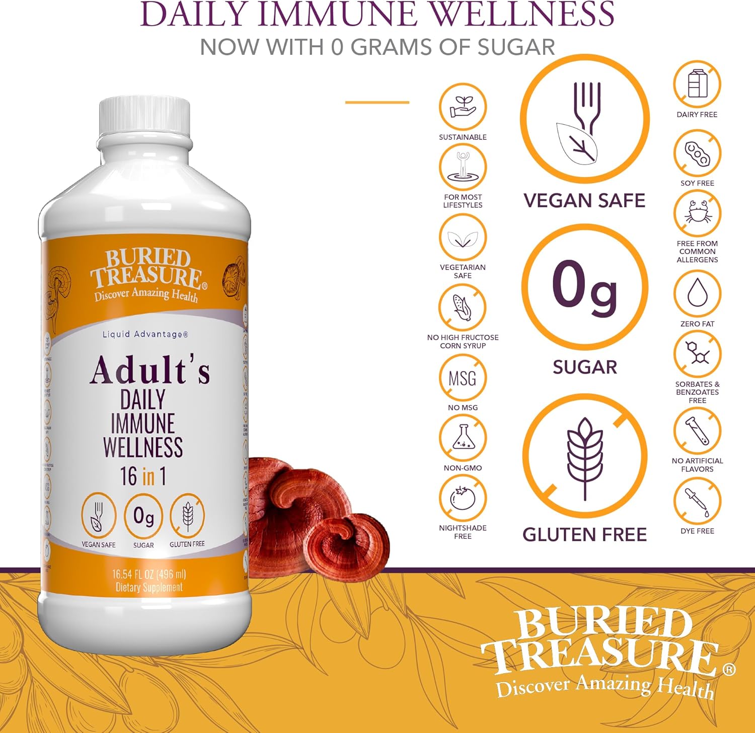 Buried Treasure Adult Daily Immune Wellness 16 Fl oz. Immune Booster with Elderberry Echinacea, Vitamins