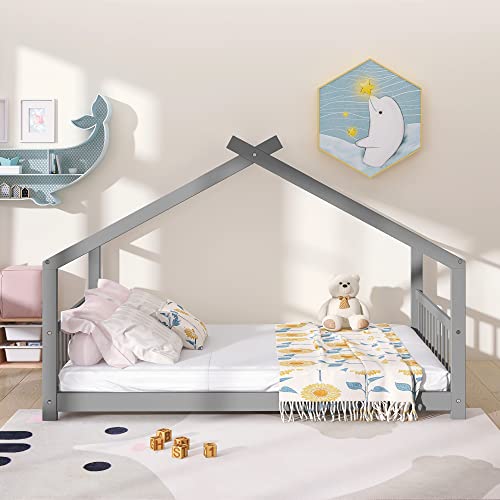 Full Size House Roof Design, Low Profile Playhouse Wood Floor Frame w/Headboard & Footboard for Kids Boys Girls,Cute Platform Bed Mattress Foundation No Box Spring Needed,Gray