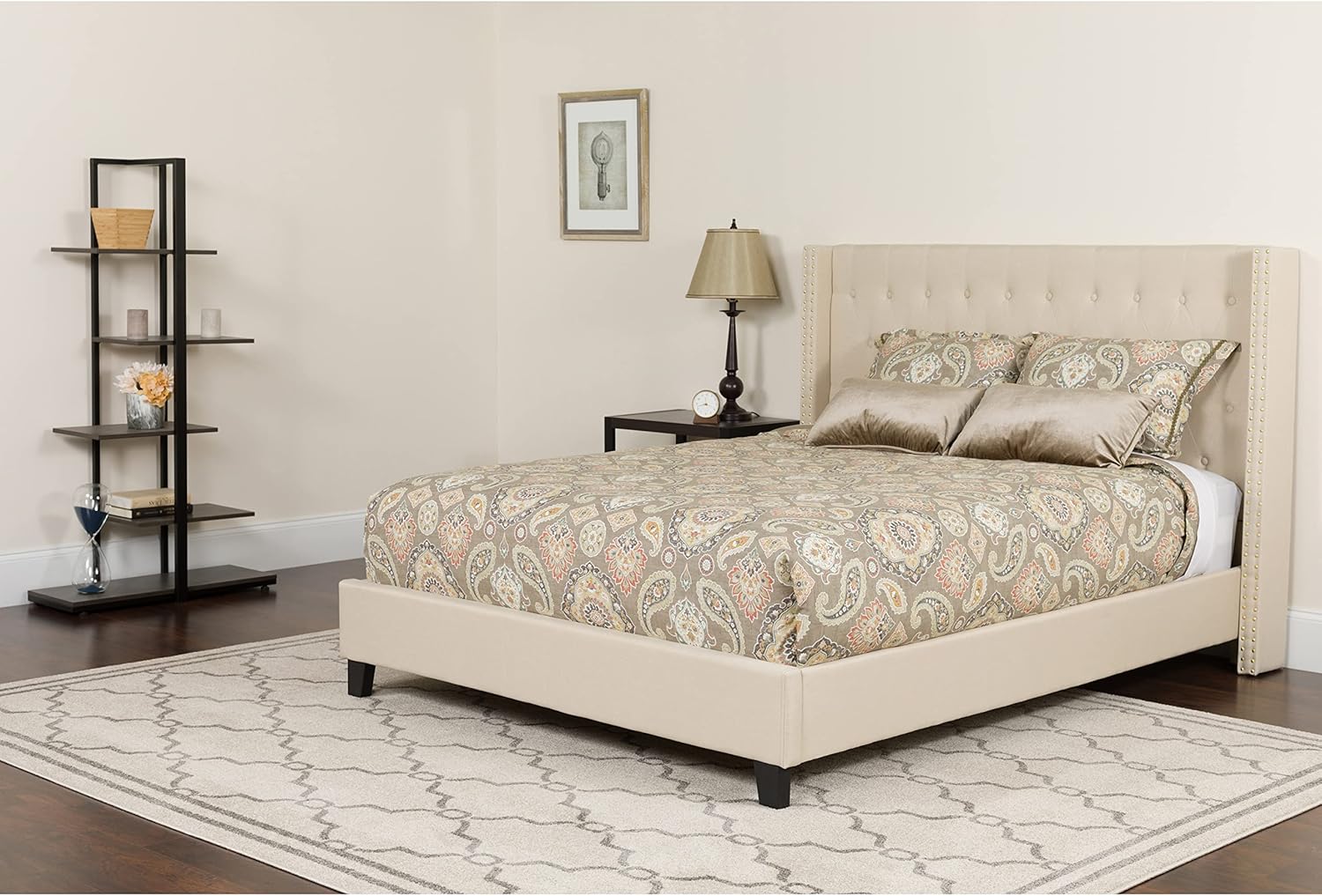 Flash Furniture Riverdale Twin Size Tufted Upholstered Platform Bed in Beige Fabric with Memory Foam Mattress