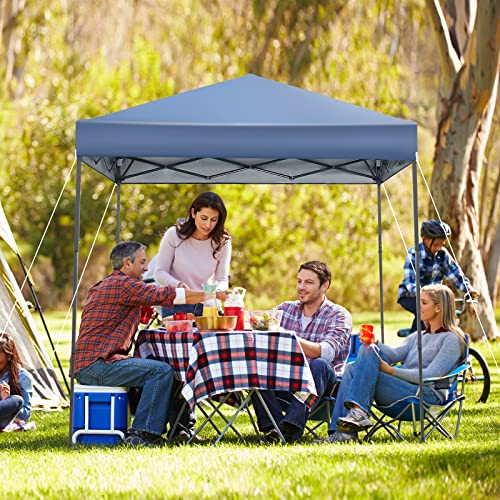 6.6x6.6 Ft Pop Up Canopy, 1 Person Instant Setup Outdoor Canopy with Push Center Lock, 8 Stakes, 4 Ropes, Carrying Bag, Portable Folding Shelter, UPF 50+ Sun-Protective Canopy Tent (Blue)