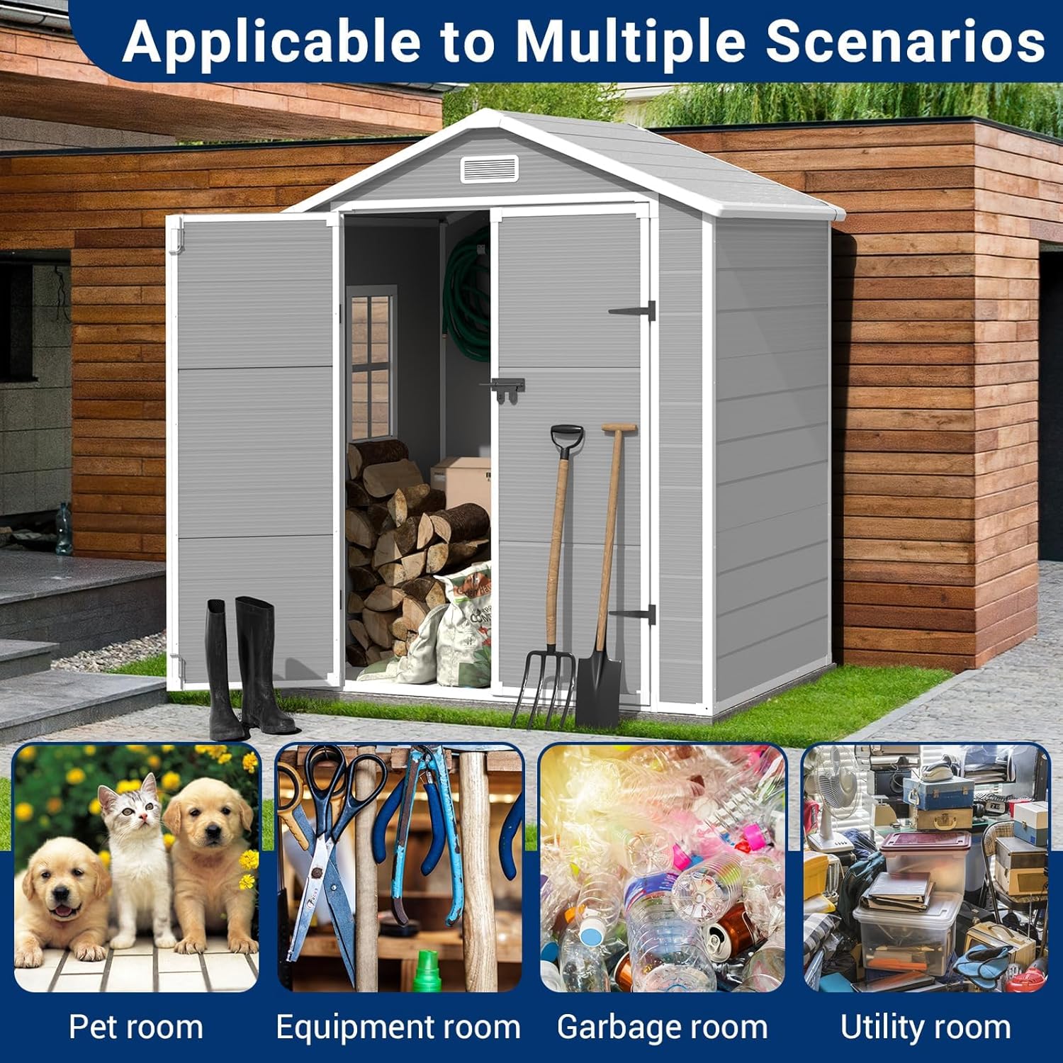 Outdoor Storage Shed, 6x4.5 FT Resin Shed with Floor and Lockable Door, Window & Vents, Tool Sheds & Outdoor Storage for Bike, Garbage Cans,Garden Accessories, Waterproof (Grey & White)