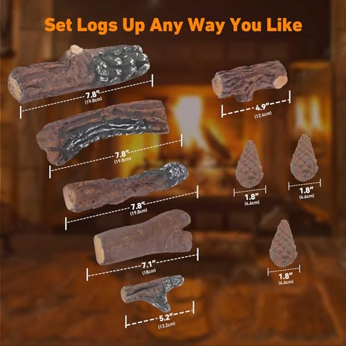 Stanbroil Large Ceramic Gas Logs, 10 Piece Set of Decoration Ceramic Wood Logs for All Types of Ventless, Gel, Ethanol, Electric, Gas Inserts, Propane, Indoor or Outdoor Fireplaces & Fire Pits