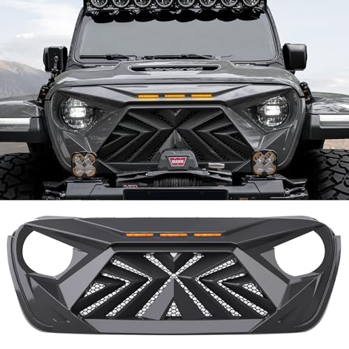 Seven Sparta Front Grill with 3 Amber LED Lights Compatible with 2018-2024 Jeep Wrangler JL JLU Gladiator JT, ABS Mesh Grille Without Camera Hole (Gloss Black)