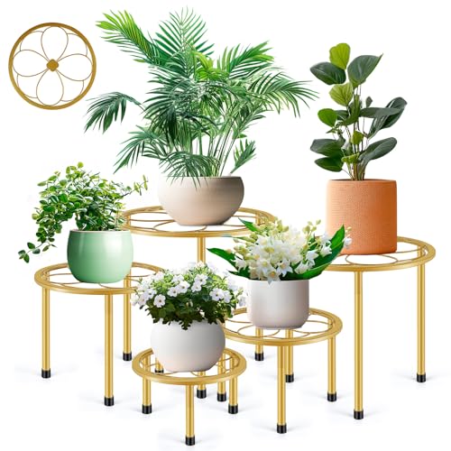 5 Pack Metal Plant Stand, Anti-Rust Iron Plant Stands for Indoor and Outdoor, Heavy Duty Flower Pot Stands for Multiple Plant, Black Potted Plant Holder for Garden Home (5 Pack Brown)