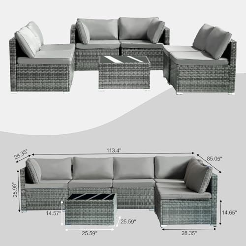 Patio Furniture Set 7 Pieces Outdoor Rattan Chair Wicker Sofa Garden Conversation Bistro Sets for Yard,Pool or Backyard (Brown + Rice Cloth)