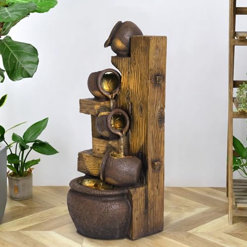 Outdoor Water Fountain with LED Lights, UL Certified Resin Material, Natural Stone Appearance Waterfall, 5 Tiers Modern Cascading Large for Home Art Decor, Garden, Lawn and Patio (Gray)