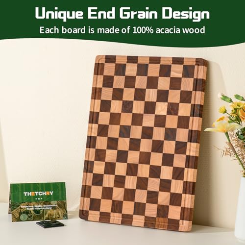 Large Wood Cutting Boards for Kitchen - Design in USA End Grain Cutting Board,Butcher Block Cutting Board for Kitchen with Juice Grooves & Built in Side Handles,17