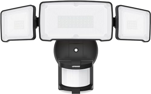 LEPOWER LED Security Light Motion Sensor Light Outdoor, 38W 4200LM Motion Security Light, 5500K, IP65 Waterproof, 3 Head Motion Detected Flood Light for Garage, Yard, Porch (Not Solar Powered, Brown)