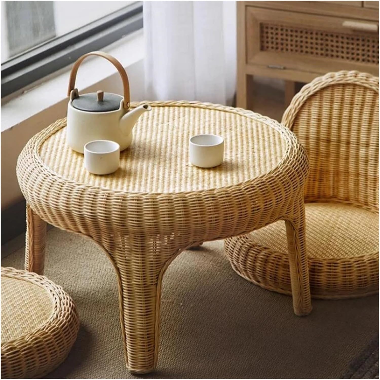 Low Table Bay Window Rattan Small Coffee Table Hand-Woven Low Tea Table for Sitting on Floor Country Decor Wedding Gift Table for Living Room, Bay Window