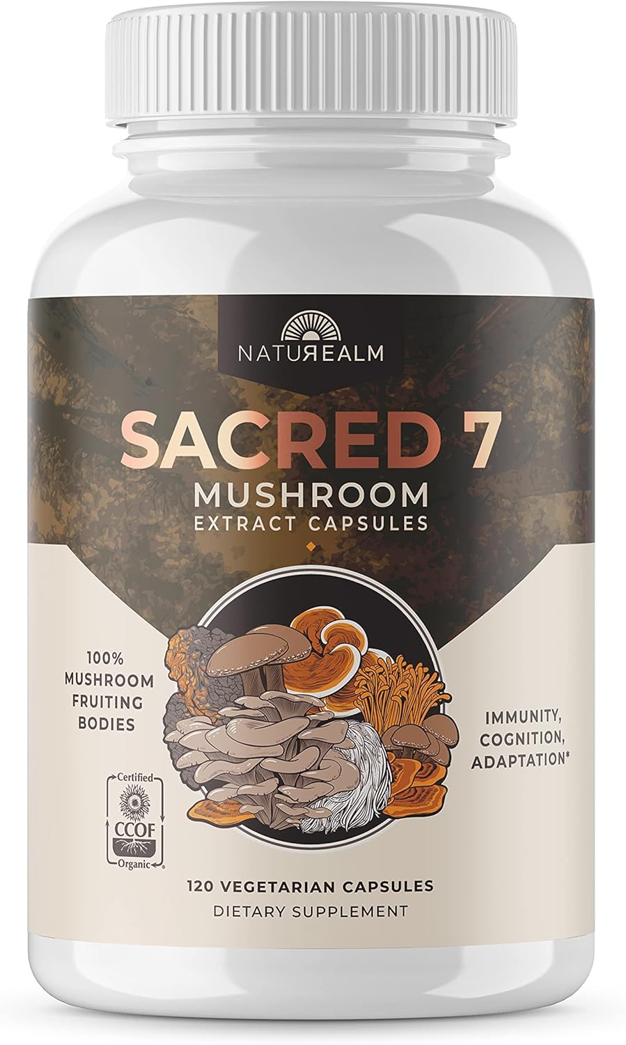 Naturealm - Sacred 7 Mushroom Extract Capsules - Lion’s Mane, Cordyceps, Reishi, Turkey Tail, Chaga, Maitake, and Shiitake - 100 Percent Fruiting Bodies, 120 Capsules