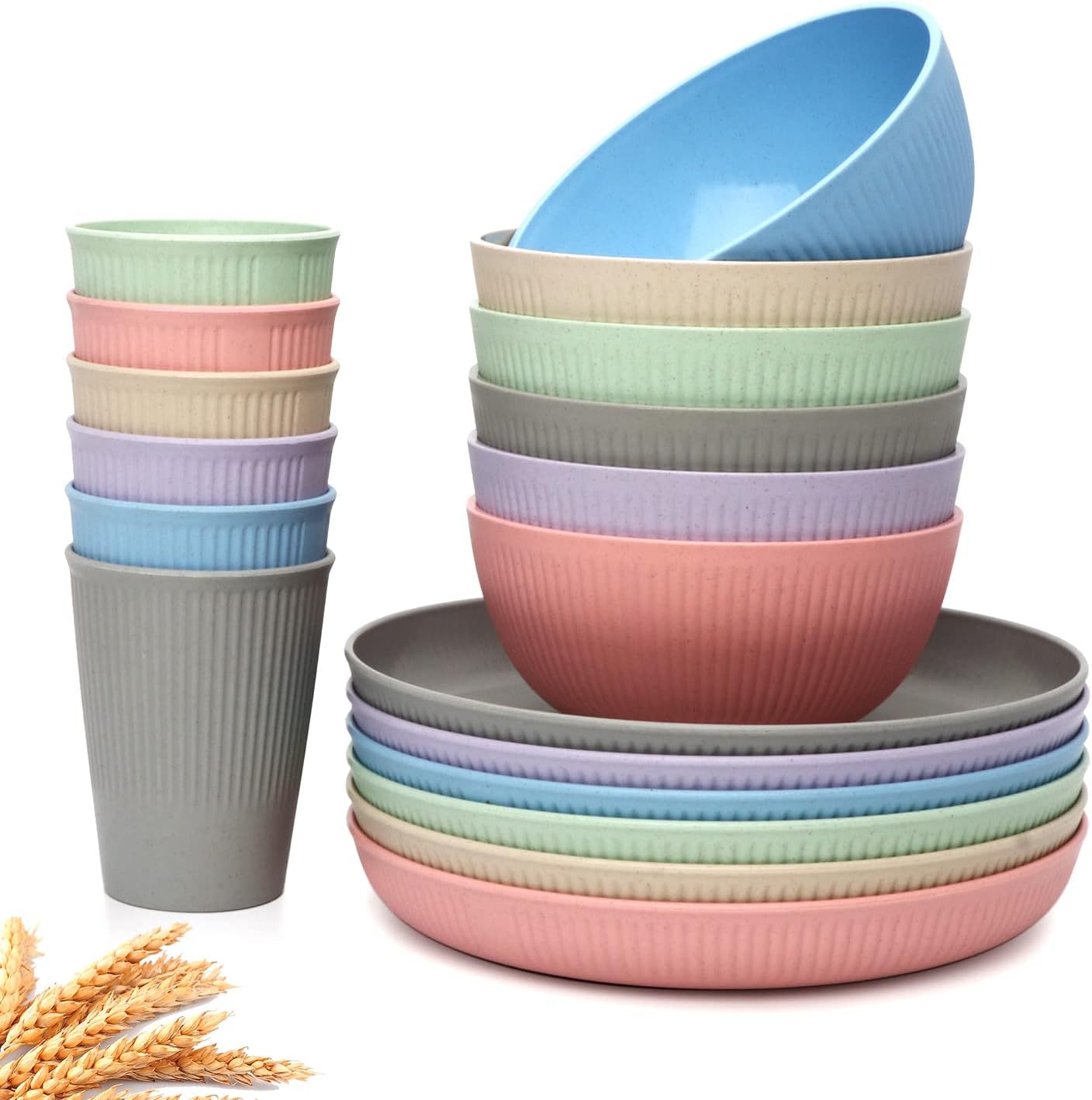 Wheat Straw Dinnerware Set, 18 Pcs Unbreakable Reusable Plates, Cups and Bowls Set for 6, Lightweight Dinner Plates and Bowls, Top-rack Dishwasher Safe