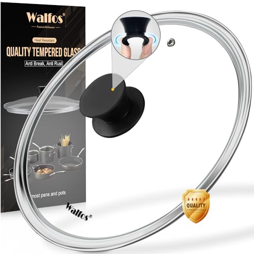Walfos Tempered Glass Lid for 10.5 Inch Cookware - Cooking Pot Lid with Heat Resistant Silicone Handle, Clear Frying Pan Lid Fits Pots, Pans and Skillets, Dishwasher-Safe