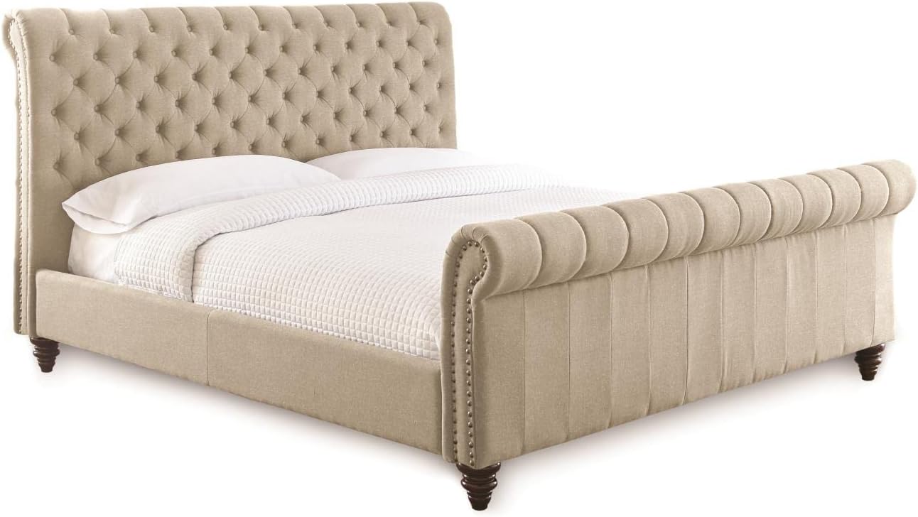 Steve Silver Swanson Tufted King Sleigh Bed in Sand Beige Upholstery