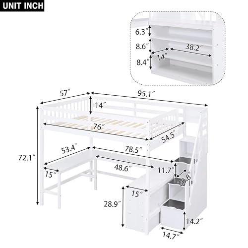Unique Wooden Full Size Loft Bed with Built-in L-Shaped Desk,Three-Tier Storage Shelves and Attached Storage Staircase,for Kids Boys Girls Teens Adults Bedroom (White@L-Shaped Desk, Full)