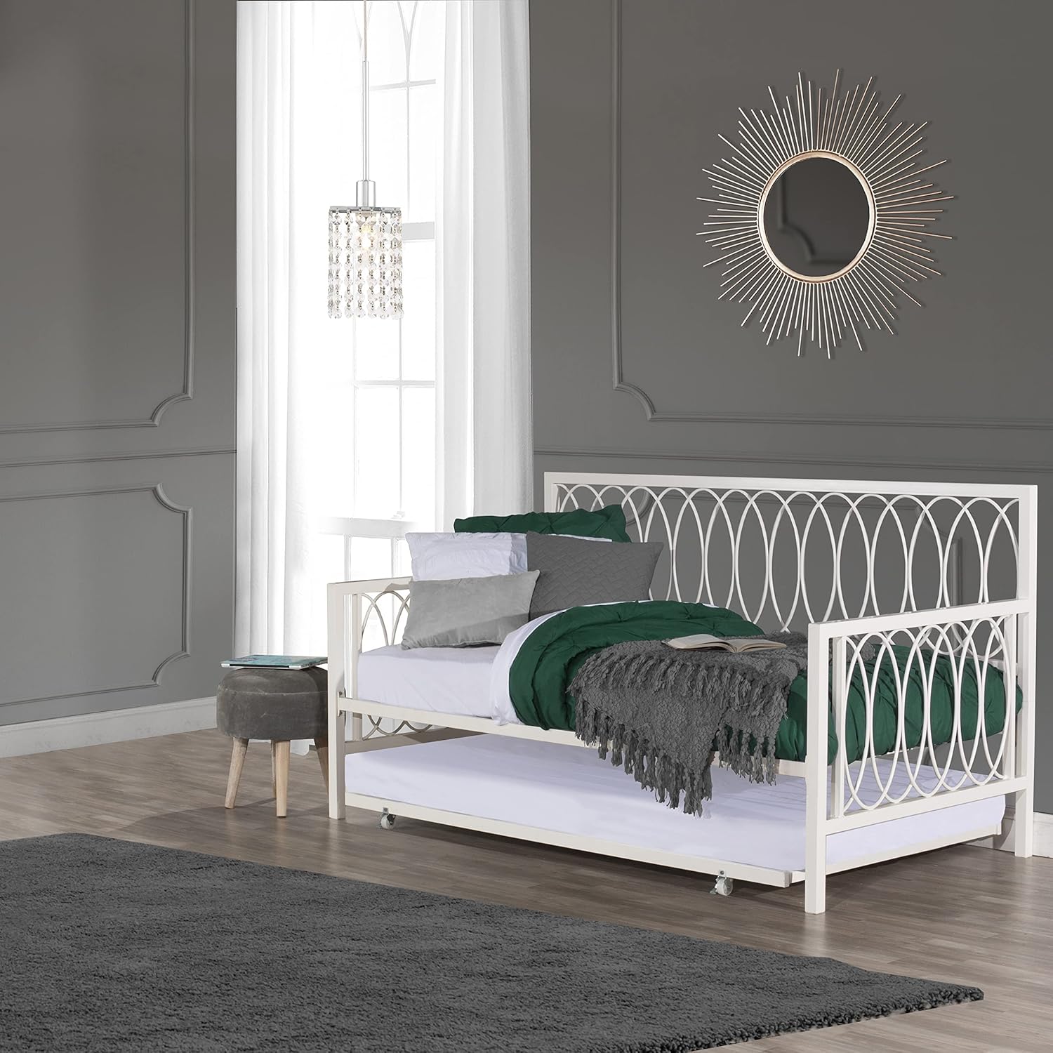 Hillsdale Metal Geometric Interlocking Ring Design Twin Daybed with Trundle, White, 2604-100