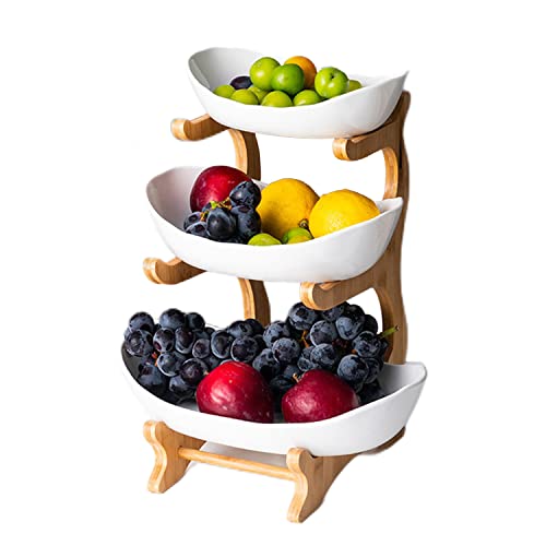 Ceramic Fruit Bowl - White 3 Tier Serving Bowl with Natural Bamboo Rack, Tiered Ceramic Serving Tray Set for Sushi, Dessert, Fruit, Vegetables, Appetizer, Cake, Candy, Chip Dip (White)