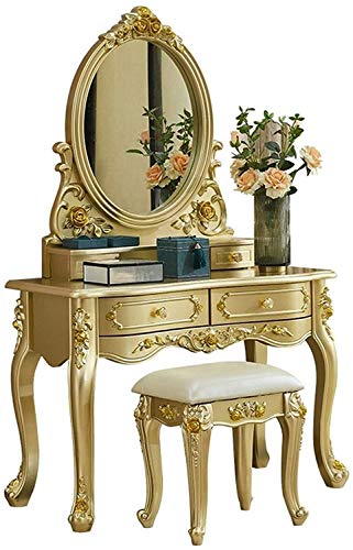 Luxurious Makeup Vanity Desk for Princess's Gift, 2 in 1 Makeup Vanity Desk European Style Dressing Table Gold Small Apartment Mini Princess Carved(0.8m), LDYU20230503