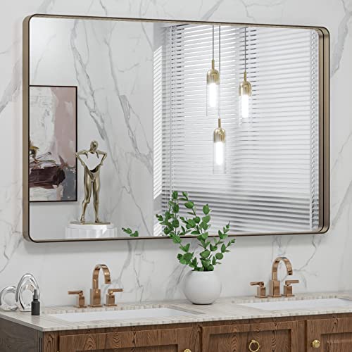 LOAAO 22”X30” Gold Bathroom Mirror, Rounded Rectangle Gold Frame Mirror, Brushed Gold Bathroom Vanity Mirror Wall-Mounted, Anti-Rust, Tempered Glass, Hangs Horizontally or Vertically