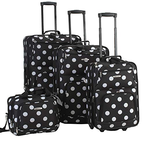 Rockland Polka Softside Upright Luggage Set, Expandable, Lightweight, Black Dot, 4-Piece (14/19/24/28)