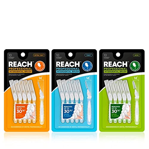 Reach Interdental Brush Cleaners, Extra Tight, 10 Count, Sensitive Gum Protection, Plaque Remover, Brushes Between Teeth & Braces, Dental Toothbrushes, Oral Care, for Adults & Kids
