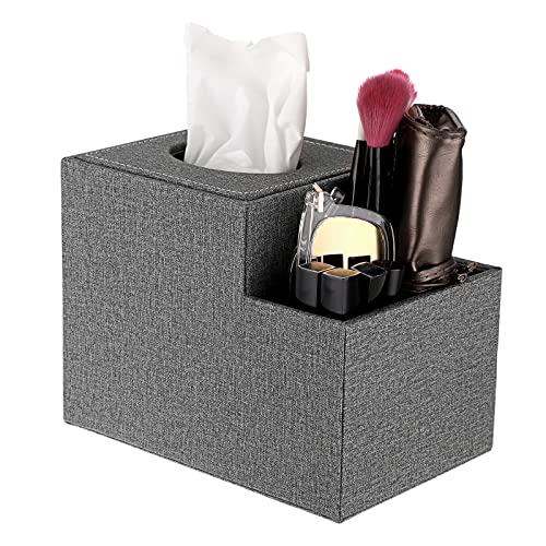 Sumnacon Square Leather Tissue Box Cover - PU Cube Tissue Box Holder with Side Organizer, Decorative Tissue Box for Living Room Vanity Night Stand Desk Countertop Office, Silver