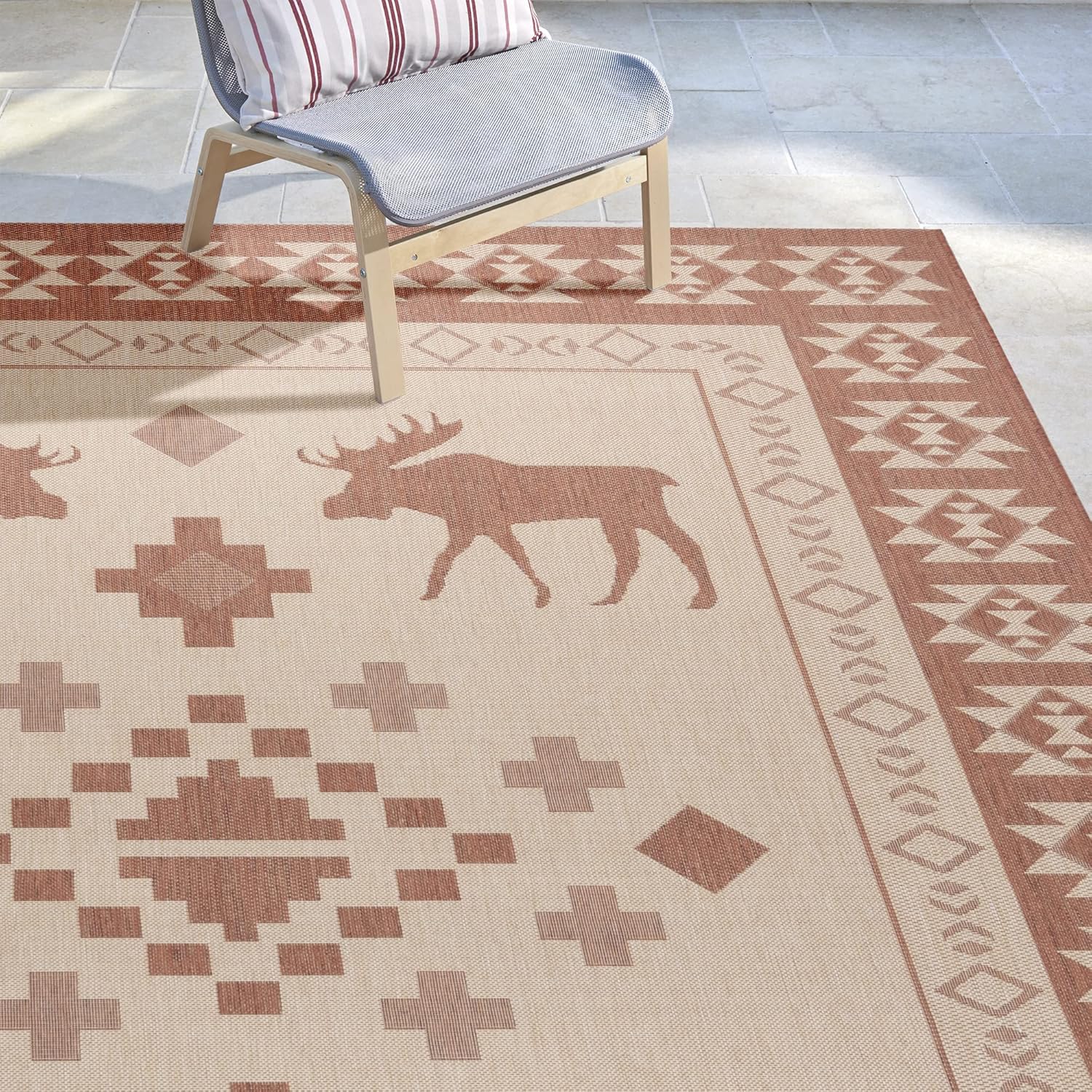 Gertmenian Indoor Outdoor Area Rug, Classic Flatweave, Washable, Stain & UV Resistant Carpet, Deck, Patio, Poolside & Mudroom, 8x10 Ft Large, State Alaska Alces Alces Moose Elk, Red Tan, 22931