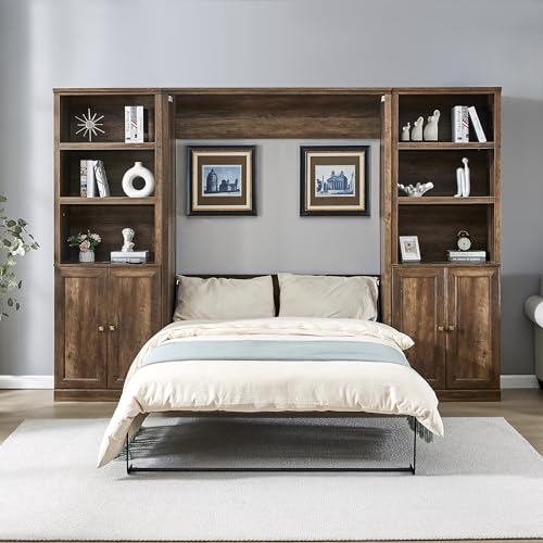 Queen Size Wall Murphy Bed with 2 Side Cabinet Storage Shelf and Built-in USB Ports for Guest Room, Bed Room and Living Room