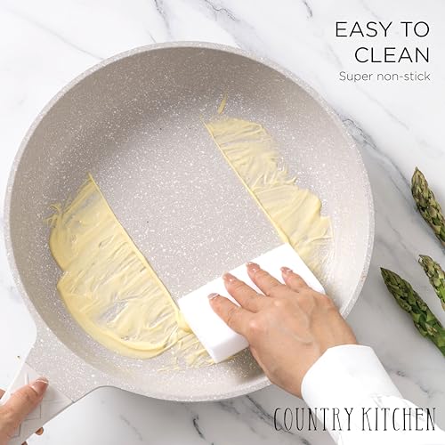 Country Kitchen Nonstick Induction Cookware Sets - 11 Piece Cast Aluminum Pots and Pans with BAKELITE Handles And Glass Lids (Cream)