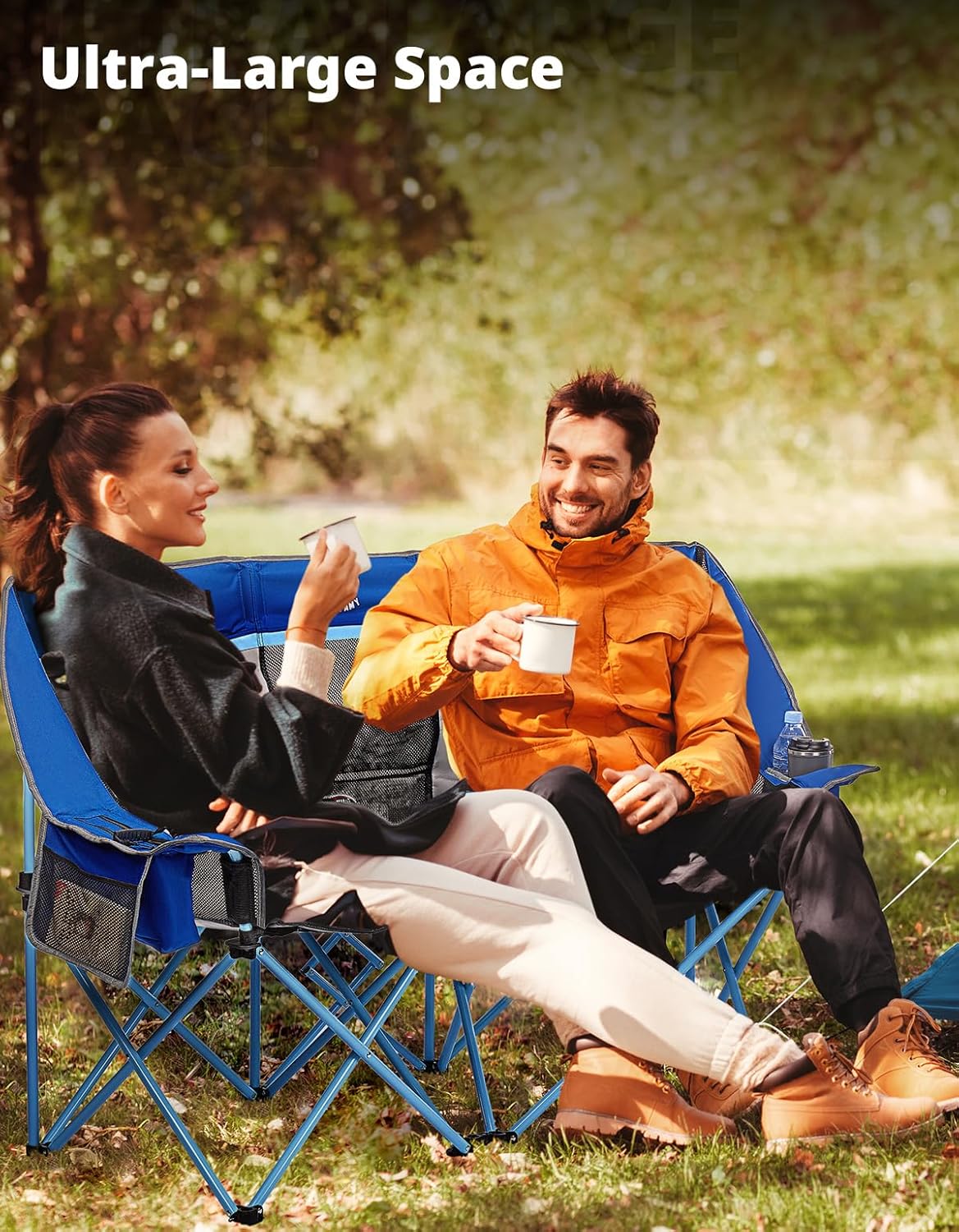DEERFAMY Double Camping Chair for Adults, Breathable Folding Camping Chair with Cooler Bag and Insulated Cup Holders for Outdoor Travel Picnic, Portable Loveseat for 2/3 Person