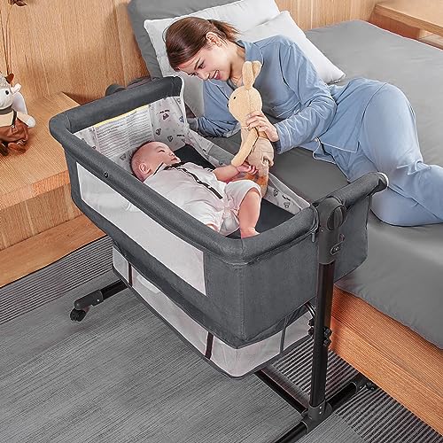 Bassinet Bedside Sleeper, 3 in 1 Bedside Bassinet for Baby with Mosquito Nets and Wheels, Large Storage Bag, Heigt Adjustable, Easy Assemble