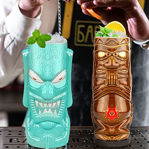 Tiki Mugs Set of 4 - Large Ceramic Hawaiian Party Mugs Drinkware Cocktails Premium Tropical Cups cute exotic cocktail glasses-TJB08 (4)