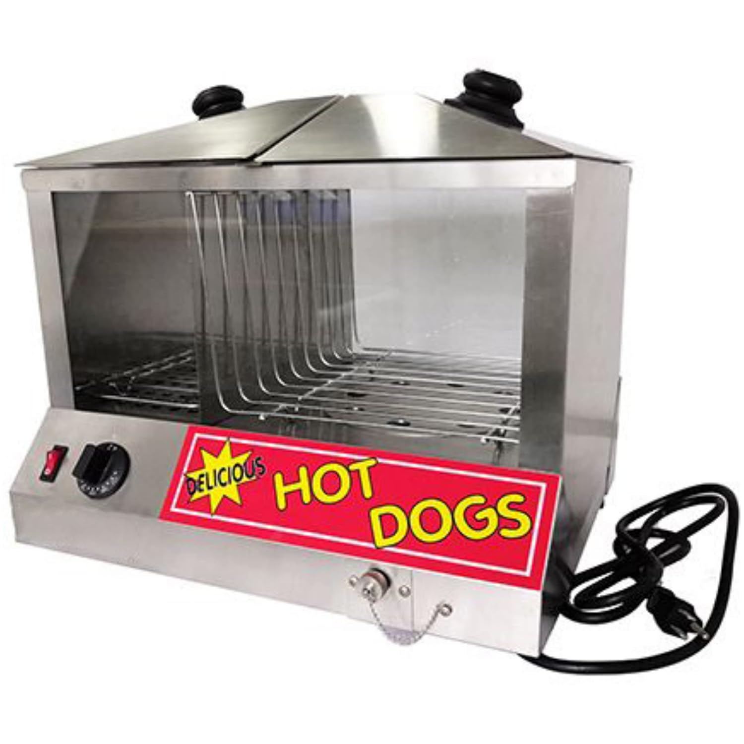 FSE HDS-1300W/100 Hot Dog Steamer and Bun Warmer with 100 Hot Dogs and 48 Buns Capacity, Top Loading, 18”W x 14.25”D x 16”H, Silver/Red