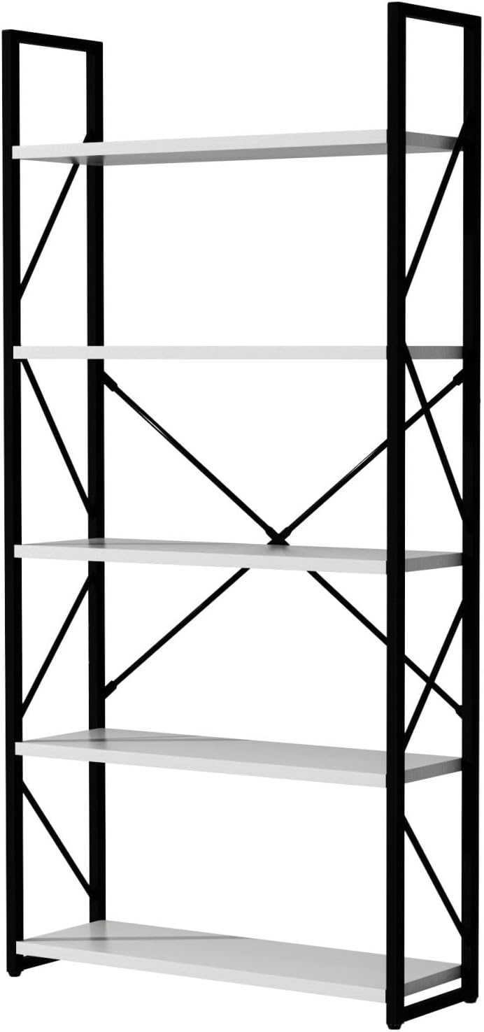 5-Tier Bookshelf, Freestanding White Book Shelf, Modern Minimalist Open Display Storage Book Shelves Standing Shelving Unit for Living Room Bedroom Home Office, White