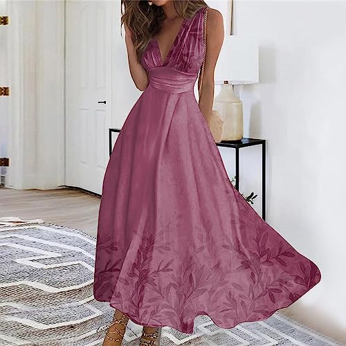 Womens Dresses Flowy Ruched Floral Print Beach Dresses Sleeveless Wrap V Neck Maxi Dress Elegant Sundresses