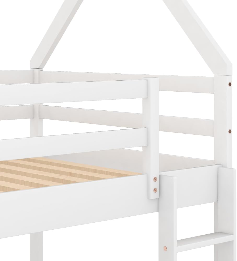 Twin Over Twin Low Bunk Bed, House Bed with Ladder, White 1-Numbers of Package Pine Wood+MDF 14pcs 77.3